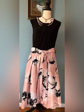 NWT S.L. Fashions for Macys Floral Pearl Accent High-Low Dress Pink Black 14W
